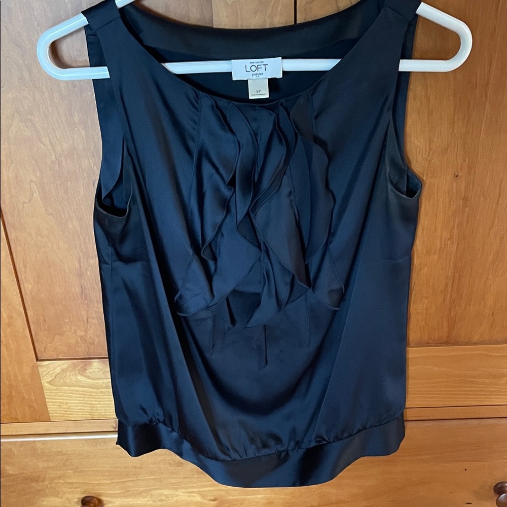 LOFT Navy Satin Ruffle Front Sleeveless Top
